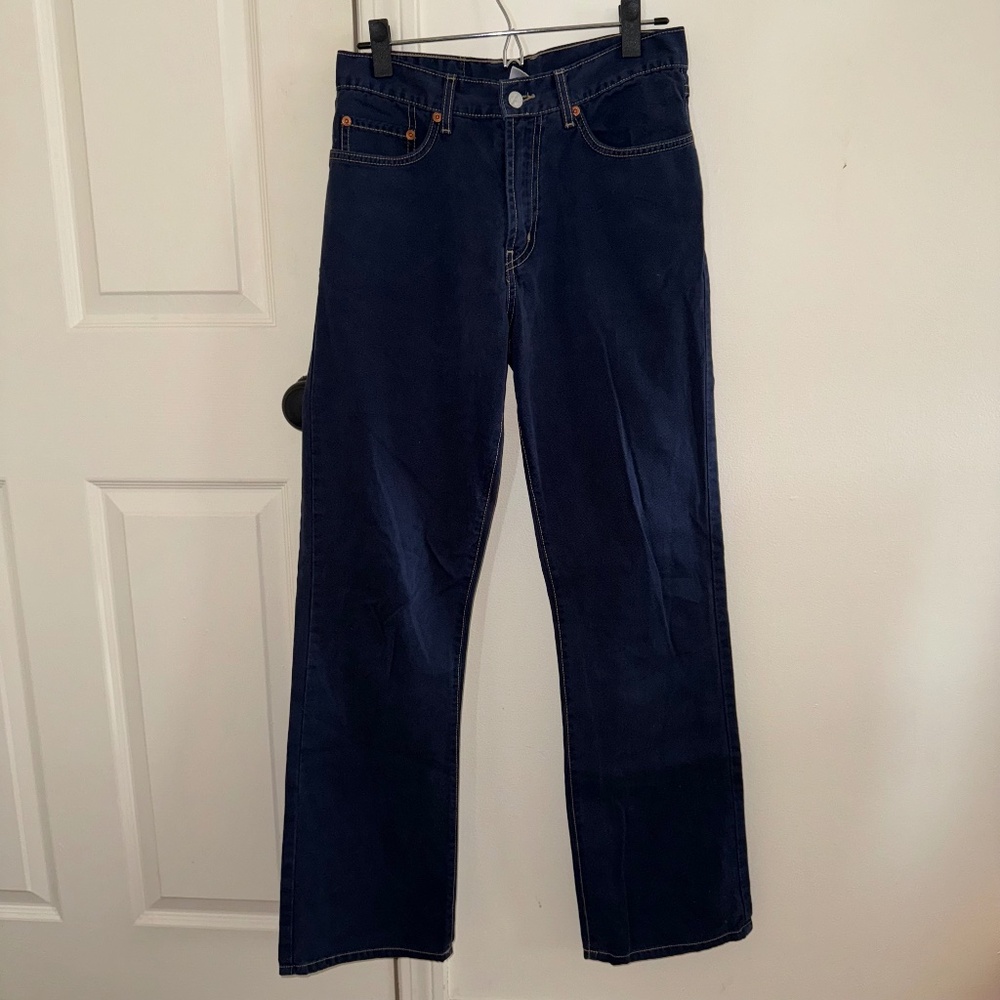 Lucky Brand Dungarees sz10 Solid Blue Low Rise Straight Flare Jeans
